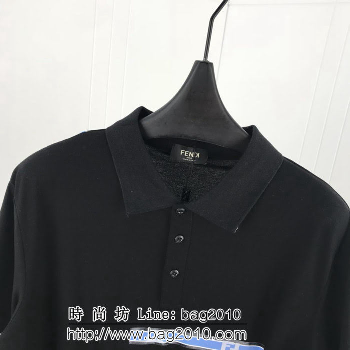 FENDI芬迪  19ss早春新款 粉色豎條FF印花logo 黑色絲光珠地棉 男款Polo衫 ydi1975